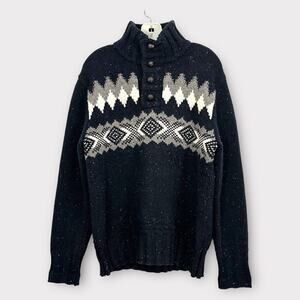 Eddie Bauer Mens M Blue Fair Isle Knit Sweater Shawl Collar Button Pullover